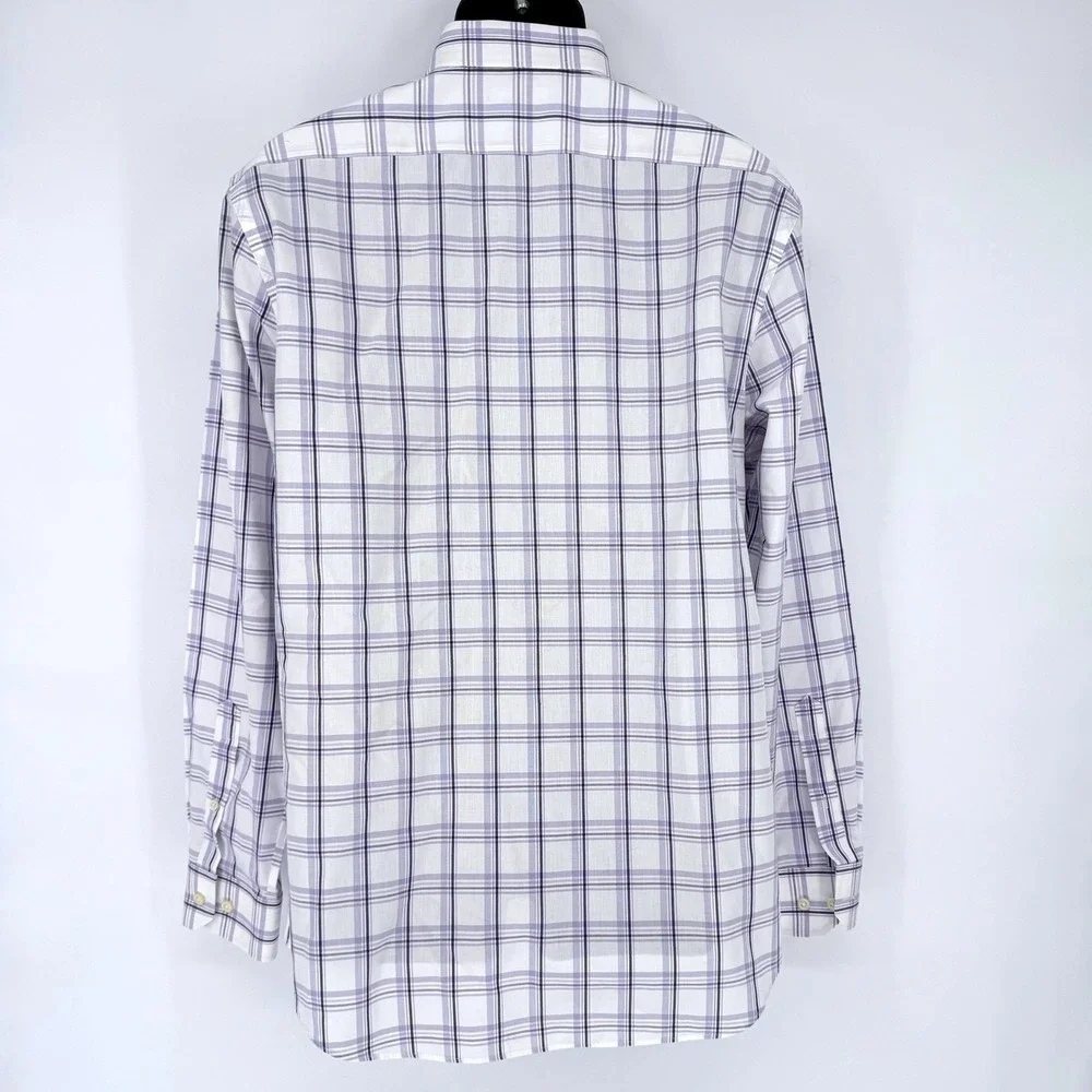 Banana Republic Mens L Non-Iron Tailored Slim Fit Purple White Plaid Dress Shirt